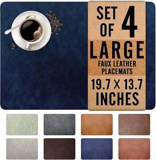 UnivoColors Washed Cowhide Pattern Faux Leather Big Size Placemats Set of 4, Waterproof Easy to Clean Anti-Slip PU Table Mats for Party Decoration19.7″×13.6″,Navy Retro Cowhide Pattern