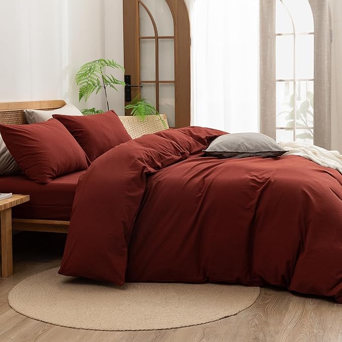 BESTOUCH Duvet Cover Set 100% Washed Cotton Linen Feel Super Soft Comfortable Chic Lightweight 3 PCs Home Bedding Set Solid Fired Brick Red Full/Double