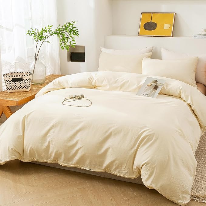 ECOCOTT Duvet Cover King Size - 3 Piece 100% Washed Cotton Bedding Set, Soft & Breathable with Zipper Closure 8 Corner Ties - Comfortable and Stylish for All Seasons (Cream)