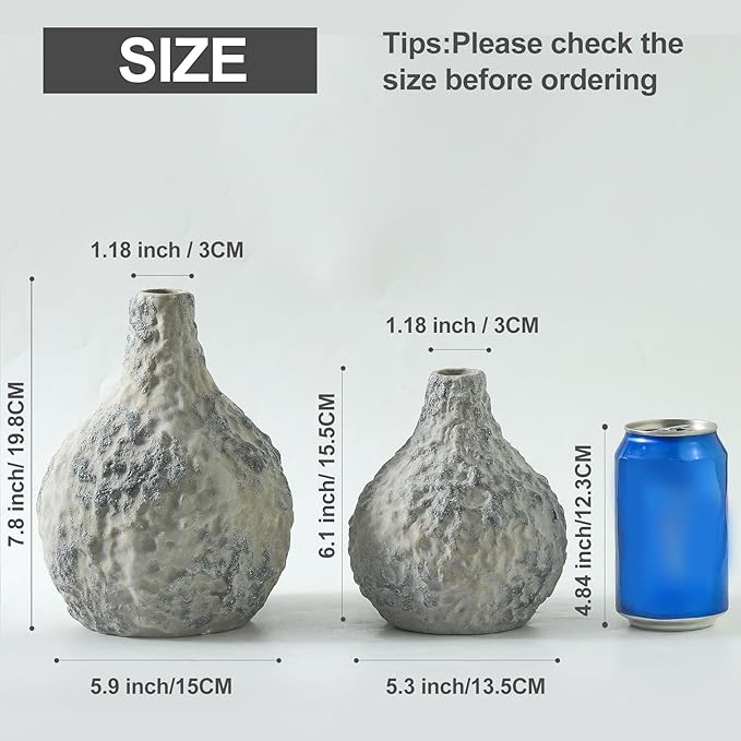 Stone Vases Set of 2, Ceramic Bud Vase Minimalist Vases for Pampas Grass,Modern Vase for Wabi Sabi Home Decor, Shelf Decoration，Fireplace Decor,Coffee Table Decor