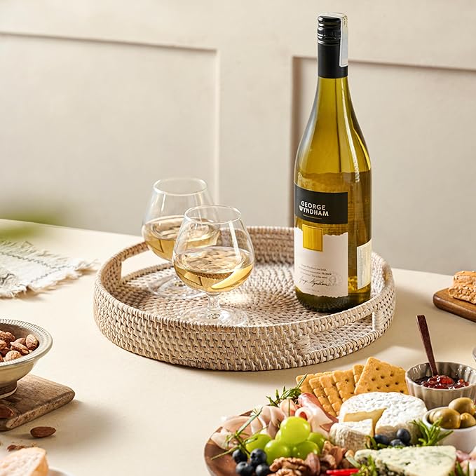 JUNGLE CULTURE Rattan Serving Tray 12" in Whitewash • Woven Serving Trays with Handles for Home • Round Decorative Dining Table Tray • Boho Wicker Serving Basket for Ottoman, Coffee Table, Couch