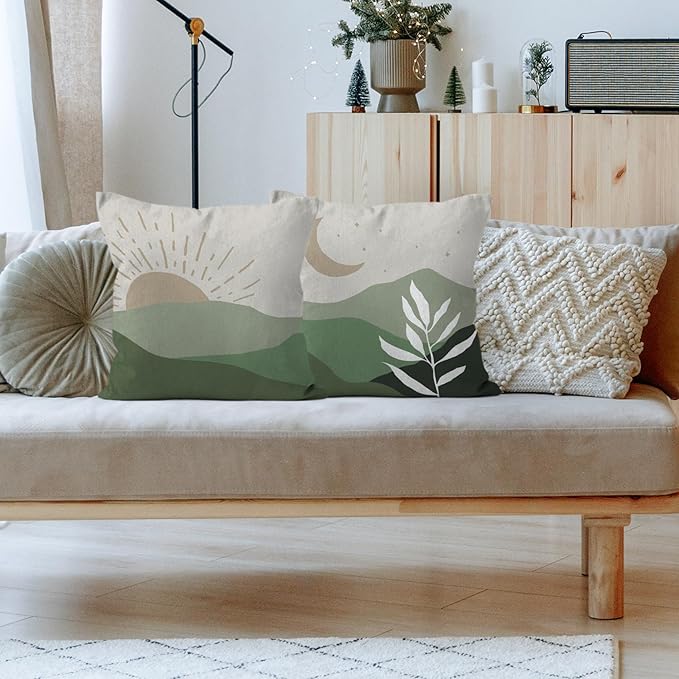 HIWX Boho Pillow Covers, Sun Moon Mountains Decorative Pillowcase Throw Pillows, Set of 2 (Green, 18x18)