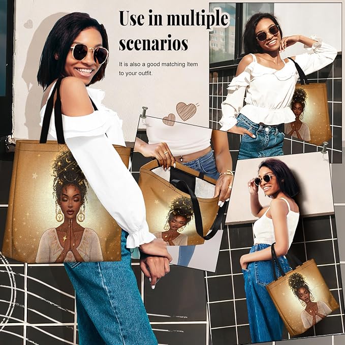 African American Women Tote Bag Black Shoulder Handbag For Women Fit Work Beach Labtops With Zip