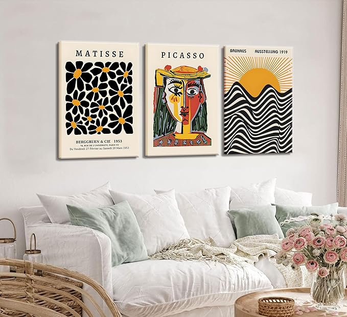 3 Pack Framed Gallery Wall Art Picasso Matisse Bauhaus Set Canvas Prints Abstract Paintings Posters Orange Black Modern Minimalist Wall Decor Pictures Suitable for Bedroom Living Room Decor (Framed,