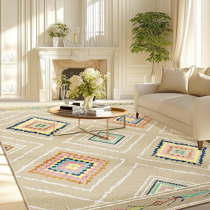 Area Rug 8x10 Rug Machine Washable Non-Slip Low Pile Print Pattern Western Rug for Living Room Bedroom Entryway Tribal Series -Cream/Beige