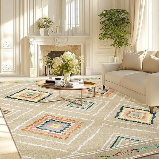 Area Rug 5x7 Rug Machine Washable Non-Slip Low Pile Print Pattern Western Rug for Living Room Bedroom Entryway Tribal Series -Cream/Beige