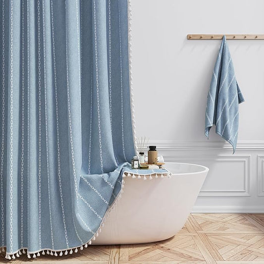 BTTN Stall Fabric Shower Curtain - 54x78 Boho Striped Linen Heavy Duty Tassel Shower Curtain Set with 10 Hooks, Narrow Rustic Modern Farmhouse Bohemian Thick Cloth Shower Curtains for Bathroom - Blue