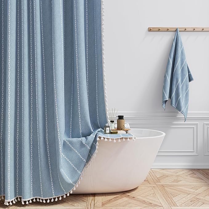 BTTN Boho Farmhouse Shower Curtain, Linen Rustic Weighted Striped Fabric Shower Curtain Set with Tassel, Water Repellent, Bohemian Vintage Country Cloth Shower Curtains for Bathroom, Blue, 72x72