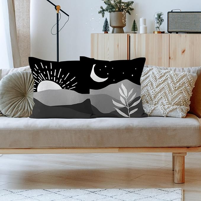 HIWX Boho Pillow Covers, Boho Sun Moon Mountains Decorative Pillowcase Throw Pillow Cover 18x18,Boho Throw Pillows,Boho Sun Desert for Sofa Bed Room Home Bedroom Decor Set of 2 Pillow Case（Black2）