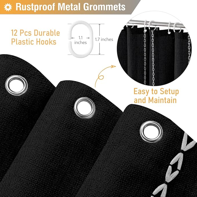 BTTN Boho Farmhouse Shower Curtain, Linen Rustic Weighted Striped Fabric Shower Curtain Set with Tassel, Water Repellent, Bohemian Vintage Country Shower Curtains for Bathroom, Black and White, 72x72