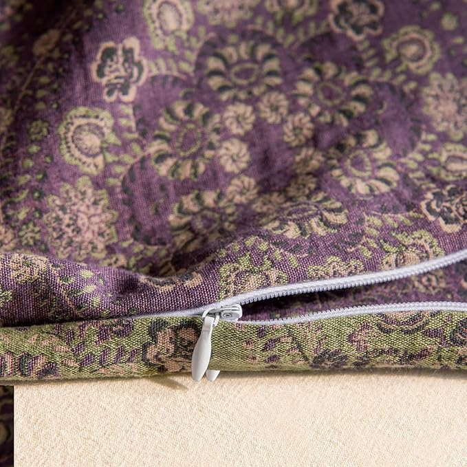 mixinni Purple Green Floral Duvet Cover King Size, Elegant Double-Layer Yarn Premium Cotton Vintage Duvet Cover Set, Exquisite Jacquard Design Bedding Set with 2 Pillowcases Perfect for Him and Her