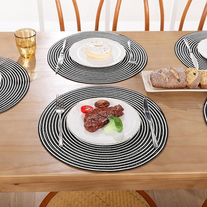 SHACOS 15 inch Round Braided Placemats Set of 6 Non Slip Washable Fabric Kitchen Table Place Mats Heat Resistant Table Mats for Home Wedding Party, Black White