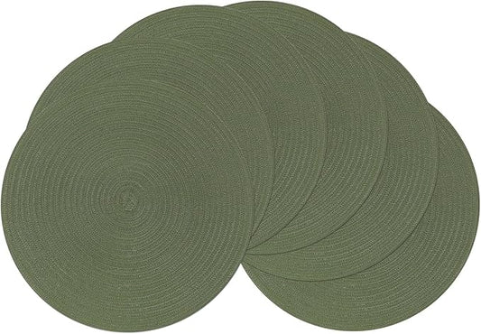 SHACOS Round Placemats Set of 6 Washable 15 inch Round Table Mats Cotton Polyester Woven Braided Place Mats for Dining Table (Olive Green, 6)