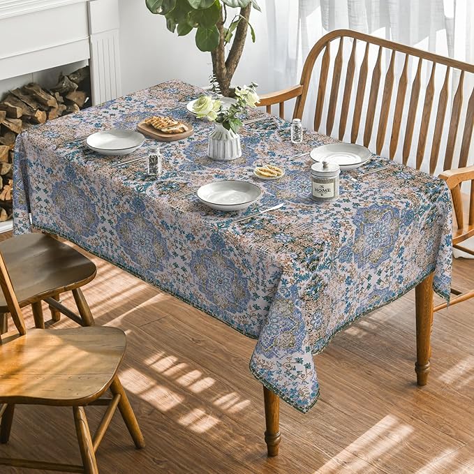 Horaldaily Boho Bohemia Style Tablecloth 60×60 Inch Square, Blue Vintage Country Rustic Farmhouse Magical Fall Orange Washable Seasonal Table Cover for Party Picnic Dinner Decor