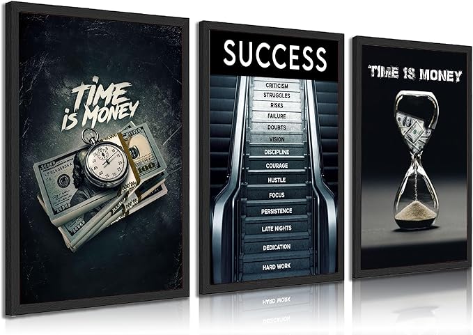 3Pcs Time Is Money Wall Art Paintings Office Wall Decor Pictures Inspirational Quotes Posters Prints Road to Success Canvas Paintings of Man Cave Living Room Bedroom Office Decor unframed