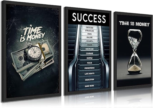 3Pcs Time Is Money Wall Art Paintings Office Wall Decor Pictures Inspirational Quotes Posters Prints Road to Success Canvas Paintings of Man Cave Living Room Bedroom Office Decor unframed