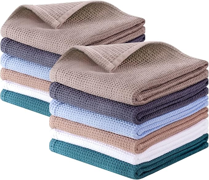 QUILTINA Dish Towels Set,100% Cotton Waffle Weave Kitchen Towels 12 Pack,17 x 25 Inches Dish Towels for Kitchen,Ultra Soft Dish Drying (White, Gray, Light Khaki, Light Blue, Dark Green, Brown)