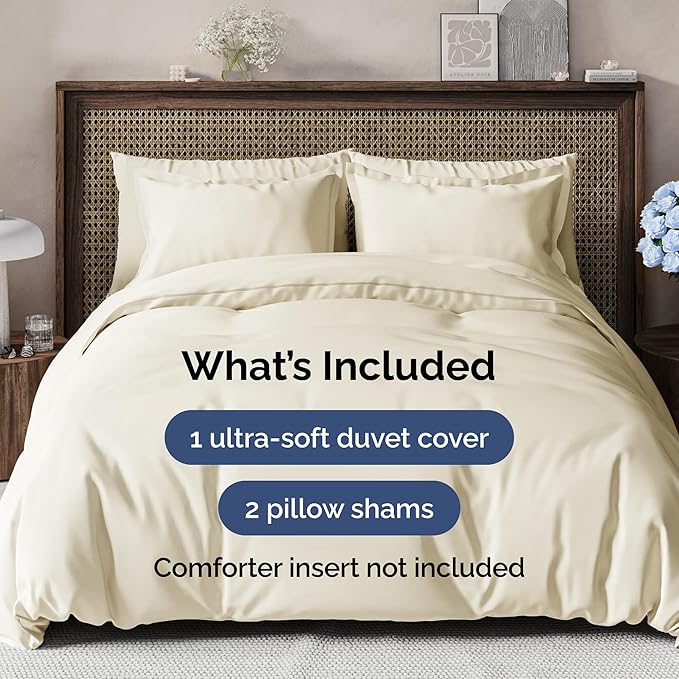 Duvet Cover Queen Size Set - Extra Soft Queen Size Duvet Cover 90 x 90 with 2 Pillow Shams - Hotel Luxury Easy Care and Fade Free w/Zipper Closures & Ties - Comfy Breathable Bedding Set (Off White)