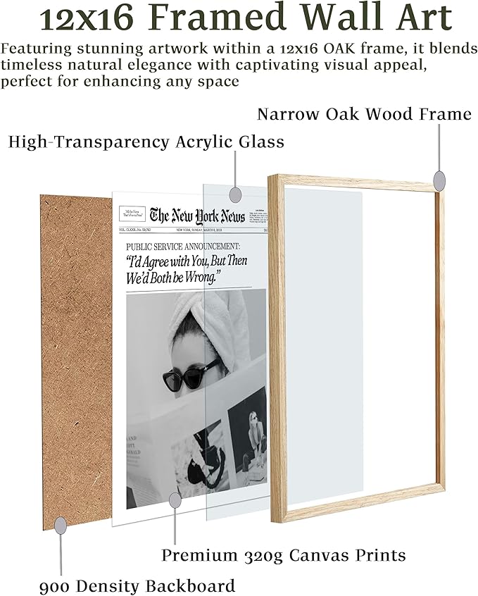 EcoHest Trendy Newspaper Framed Wall Art, 12x16 in OAK Wood Cool Girl Canvas Art, Magazine Bar Cart Print College Dorm Decor, Beige Logs Set of 1 for Bedroom Living Room