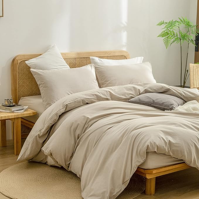 BESTOUCH Duvet Cover Set 100% Washed Cotton Linen Feel Super Soft Comfortable Chic Lightweight 3 PCs Home Bedding Set Solid Almond Milk Grey Queen