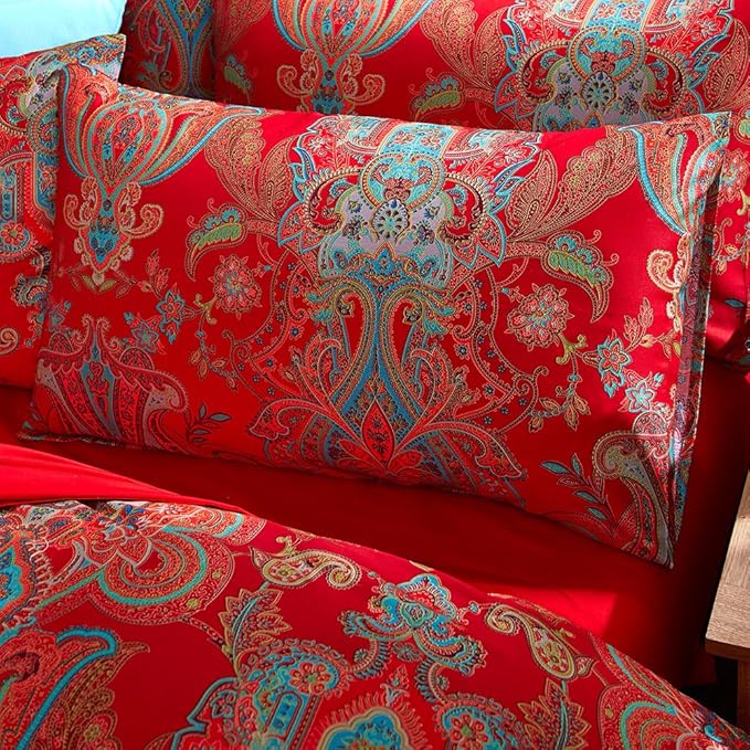 mixinni King Size Duvet Cover Set Paisley Light Blue Long Staple Cotton Percale Farmhouse Pattern Duvet Cover on Red Vintage Floral Bedding Comforter Cover with 2 Pillowcases Perfect for Him and Her