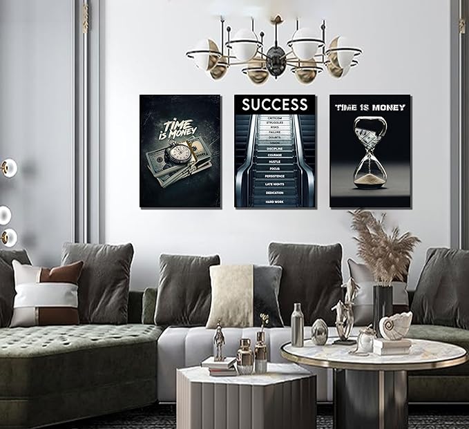 3Pcs Framed Time Is Money Canvas Wall Art Office Wall Decor Inspirational Quotes Pictures Paintings Path to Success Posters Prints of Man Cave Living Room Bedroom Office Decor Ready to Hang