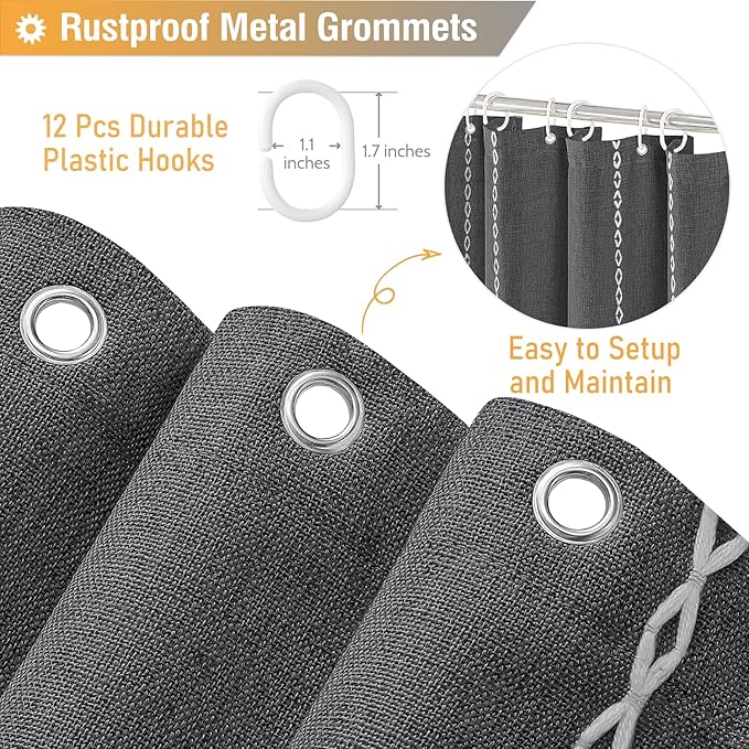 BTTN Boho Farmhouse Shower Curtain - Linen blend Rustic Striped Fabric Shower Curtain Set with Tassel, Water Repellent, Bohemian Vintage Country Cloth Shower Curtain for Bathroom, Charcoal Grey, 72x72