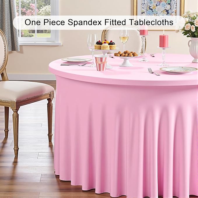 Outpain 6 Pack Pink 72inch Spandex Round Tablecloths, Stretchy 132inch Fitted 6FT Round Table Cloths, Wrinkle Free Table Cover with Skirt for Wedding Party Dining Banquet