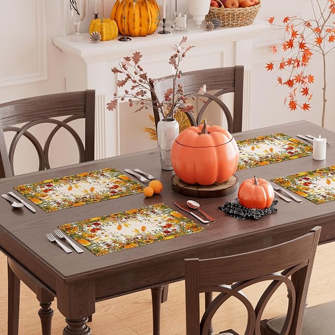 XCHI Fall Color Wild Flowers Pumpkin Placemats Set of 4 Table Mats for Party Home Kitchen Dining Table Decorations 12x18 Inch