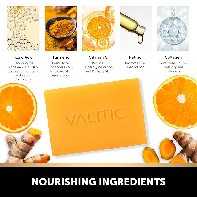 VALITIC Kojic Acid Soap for Hyperpigmentation - with Glutathione, Collagen & Vitamin C - Natural Soap Bars with Turmeric - Original Japanese Complex for Dark Spot Correction - 4 Pack + Holder