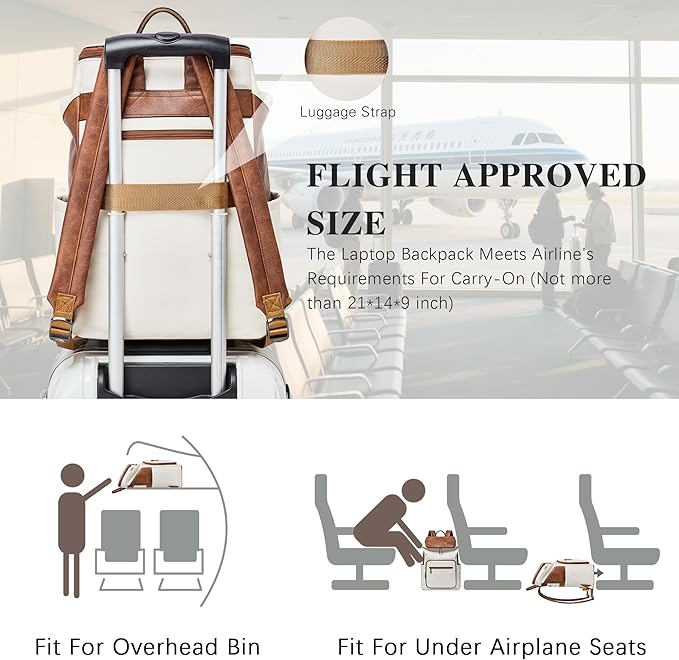 Leather Laptop Backpack for Women, 15.6 Inch Travel Backpack with Laptop Compartment, Casual Daypack Fashion Travel Backpack Purse for Travel College Work, Beige Brown