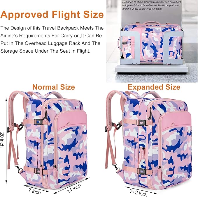 Carry on Travel Backpacks, Extra Large 40L Flight Approved Bag for Men & Women,Expandable Suitcase Backpack With 4 Packing Cubes,Water Resistant Luggage Daypack Business Weekender Bag,Camouflage Pink