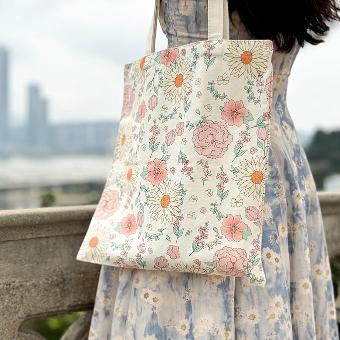 Floral Tote Bag Aesthetic Small Flower Canvas Bag For Women Gift Cotton Canvas Tote Handbag Reusable Grocery Bag Shopping Beach Bag Travel Shoulder Bag