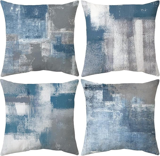 Set of 4 Blue and Grey Abstract Art Artwork Pillow Cover 20 x 20 Inch, Gallery Modern Decorative Throw Pillows Cushion Cover for Bedroom Sofa Living Room