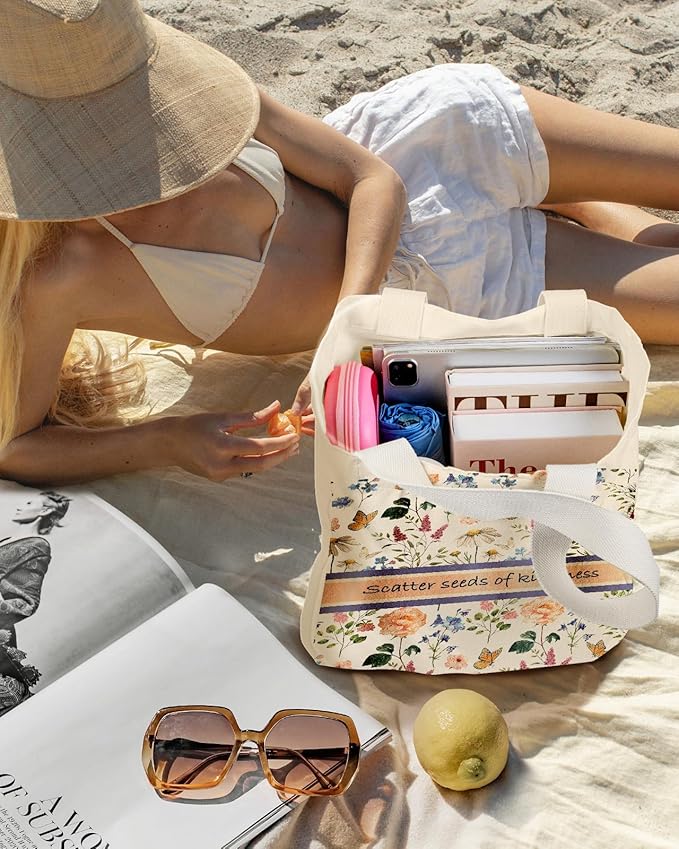 Aesthetic Heavy Canvas Tote Bag with Pocket for Women, Cloth Gusseted Totes Bag with Pattern for Shopping