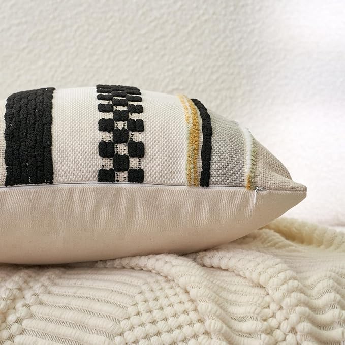 Aeckself Boho Throw Pillow Covers 18x18 Inch Set of 2, Farmhouse Decorative Striped Square Pillow Covers Chenille Tufted Pillow Cases Accent Neutral Pillowcase for Living Room Couch Bed, Black