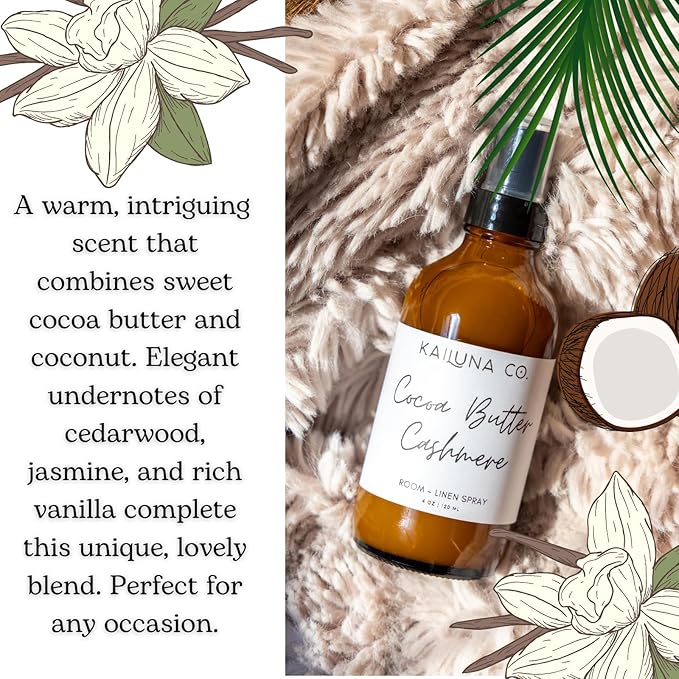 Cocoa Butter Cashmere Artisan Natural Room and Linen Spray with Pure Essential Oils, Small Batch, Made in California (4 oz)