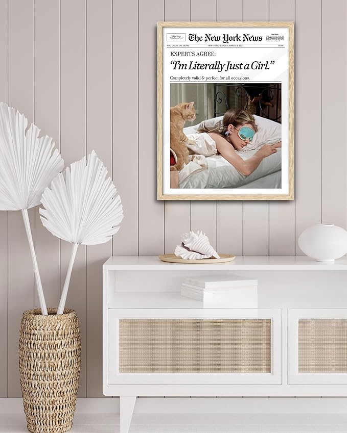 EcoHest Trendy Newspaper New York Magazine Framed Wall Art, 16x20 in Large OAK Wood I‘m Literally Just a Girl Canvas Wall Art, Preppy Home Decor, Beige Retro For Bedroom Living Room 1Pack