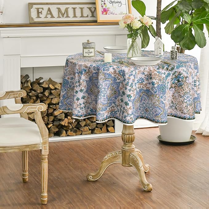 Horaldaily Boho Bohemia Style Tablecloth 70×70 Inch Round, Blue Vintage Country Rustic Farmhouse Magical Fall Orange Washable Seasonal Table Cover for Party Picnic Dinner Decor