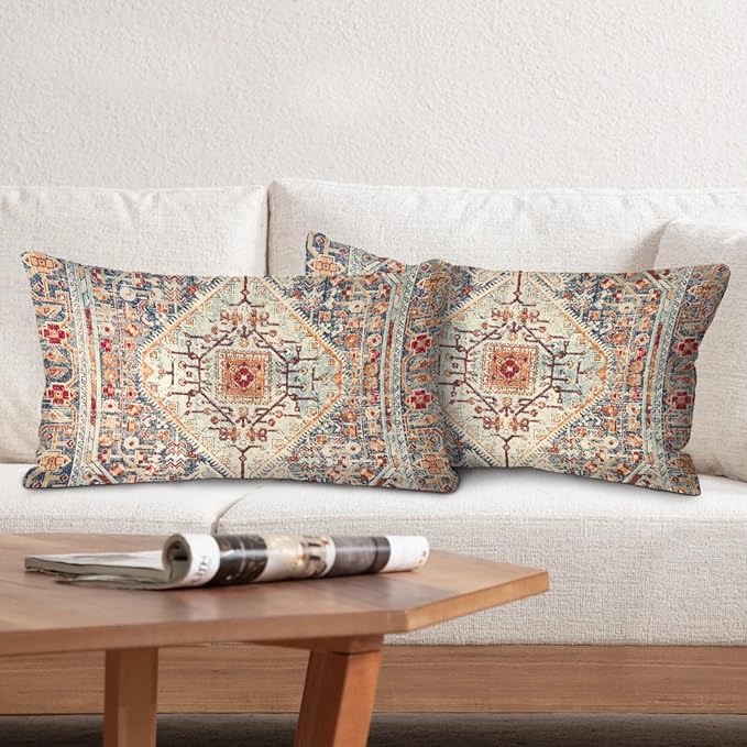Boho Throw Pillow Covers 12x20 inch Set of 2,Boho Vintage Carpet Pattern Antique Ethnic Decor Double Sided Pattern Cushion Cover Soft Pillow Case Living Sofa Room Bed Square Pillow Cover