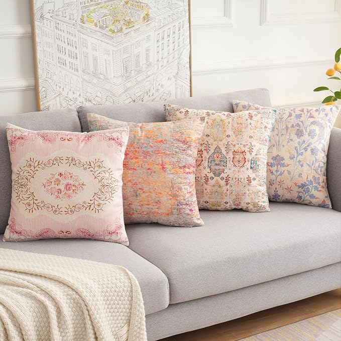 Boho Floral Throw Pillow Covers 26x26 inch Set of 2,Boho Rug Geometric Floral Pattern Decor Double Sided Pattern Cushion Cover Soft Pillow Case Living Sofa Room Bed Square Pillow Cover