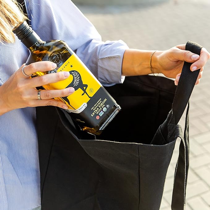 VeraMia Canvas Grocery Bag 3pc XL Set with Real Pockets, Long Shoulder Strap and Short Handle. Heavy Duty, Foldable, Washable