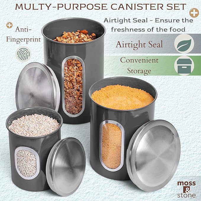 Moss & Stone 3-Piece Gray Canisters Sets For The Kitchen, Airtight Canister Set With See Through Window, Storage Jars for Coffee Container, Tea Organizer & Sugar Canister, Gray Kitchen Canisters
