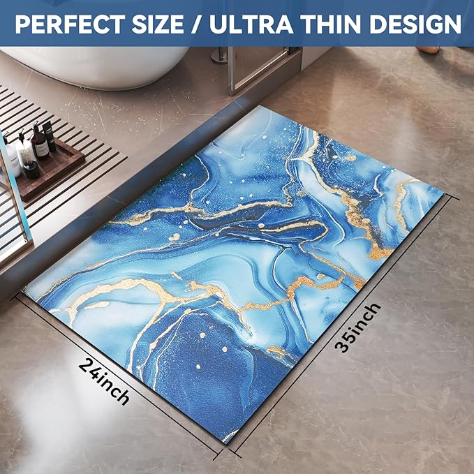 Non Slip Bath Mat Ultra Thin Bathroom Rug Fit Under Door, Rubber Backing Quick Dry Super Absorbent Washable Shower Bath Mats Blue 24x36