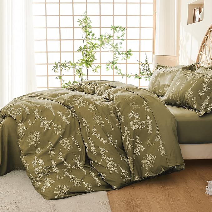 MUXHOMO Duvet Cover Full Size, Reversible Floral Olive Green Duvet Cover Set with Zipper Closure, 3 Pieces Botanical Patterns Soft Microfiber Bedding Set with 4 Ties (80"x90", 2 Pillow Cases)