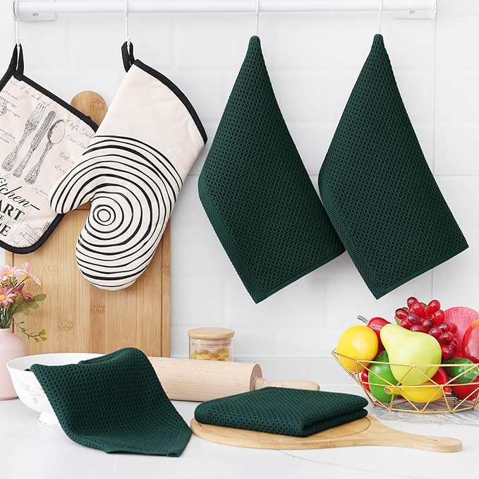 Homaxy 100% Cotton Waffle Weave Kitchen Dish Towels, Ultra Soft Absorbent Quick Drying Cleaning Towel, 13 x 28 Inches, 6-Pack, Blackish Green