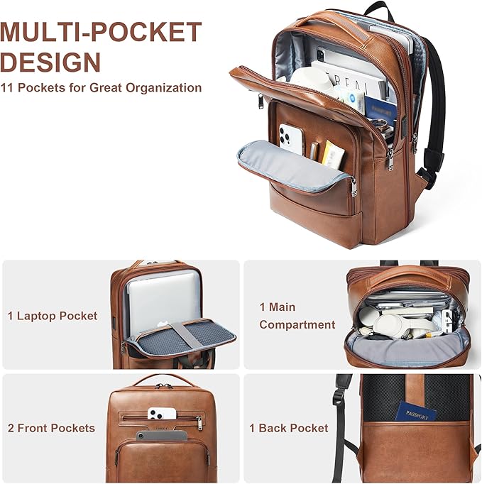 Shrrie Leather Laptop Backpack for Women and Men,28 L Travel Backpack Computer Bag Fits 16 inch Laptop,Expandable Casual Daypack with USB Port for Work Business Weekender College,Brown