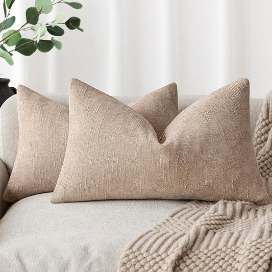 Foindtower Set of 2 Textured Chenille Throw Decorative Pillow Covers Square Accent Solid Cushion Cover Neutral Farmhouse Lumbar Pillow Case for Couch Sofa Bedroom Living Room 12x24 Inch,Cream Camel