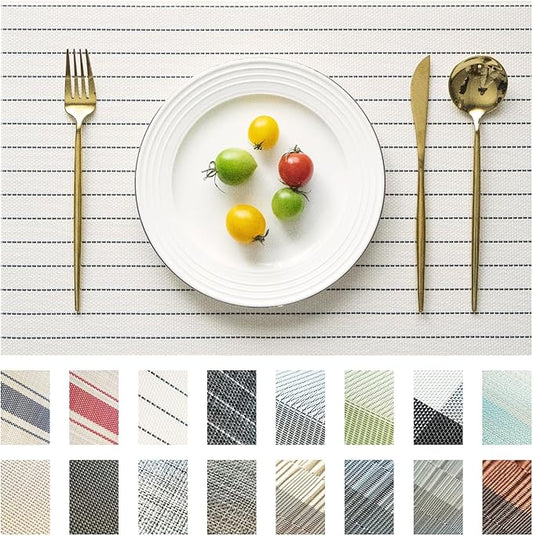 Placemats Set of 4 Vinyl/Plastic Woven Place Mats for Kitchen Table Indoor/Outdoor Washable Placemat Wipeable Dining Table Mats (White Stripes,4)