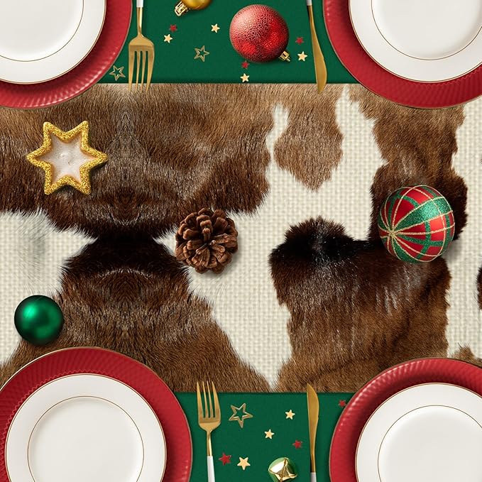 Cow Print Table Runner Seasonal Spring Fall Kitchen Dining Linen Table Decoration for Indoor Outdoor Home Party Dinner 13x72 Inch